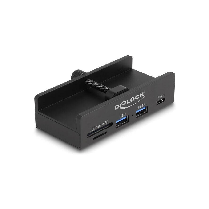 Delock Externer USB 5 Gbps Hub mit 2 x USB Typ-A, 1 x USB Type-C™ und SD + Micro SD Slot mit Feststellschraube (64263)
