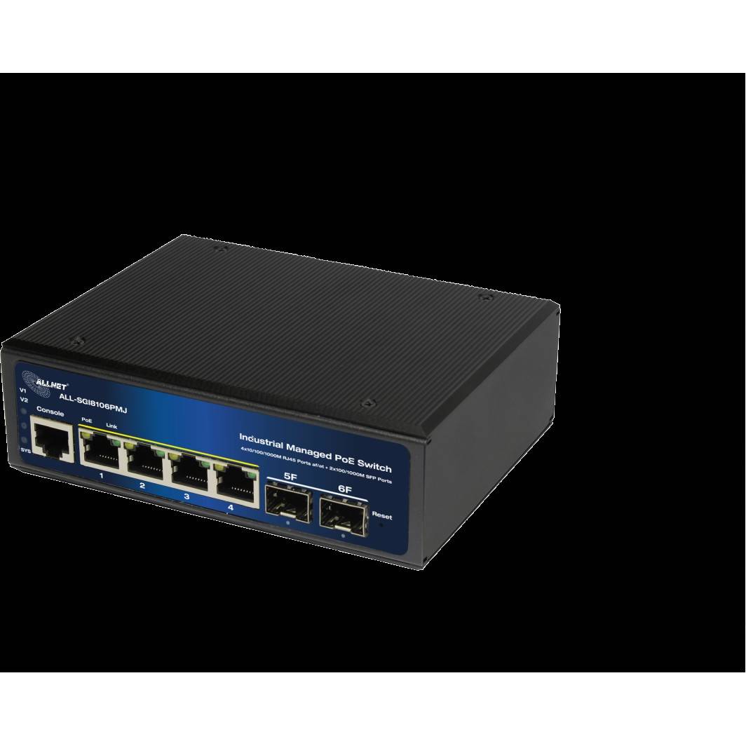 ALLNET Switch industrial full managed Layer2+ 6 Port GbE • PoE Budget 120W • 4x PoE at • 2x SFP • Lüfterlos • DIN • JSON-0