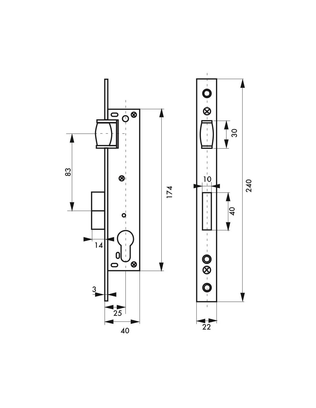 Cassa serratura con asse 25 mm, cilindro e rullo, L 41 mm – THIRARD-1