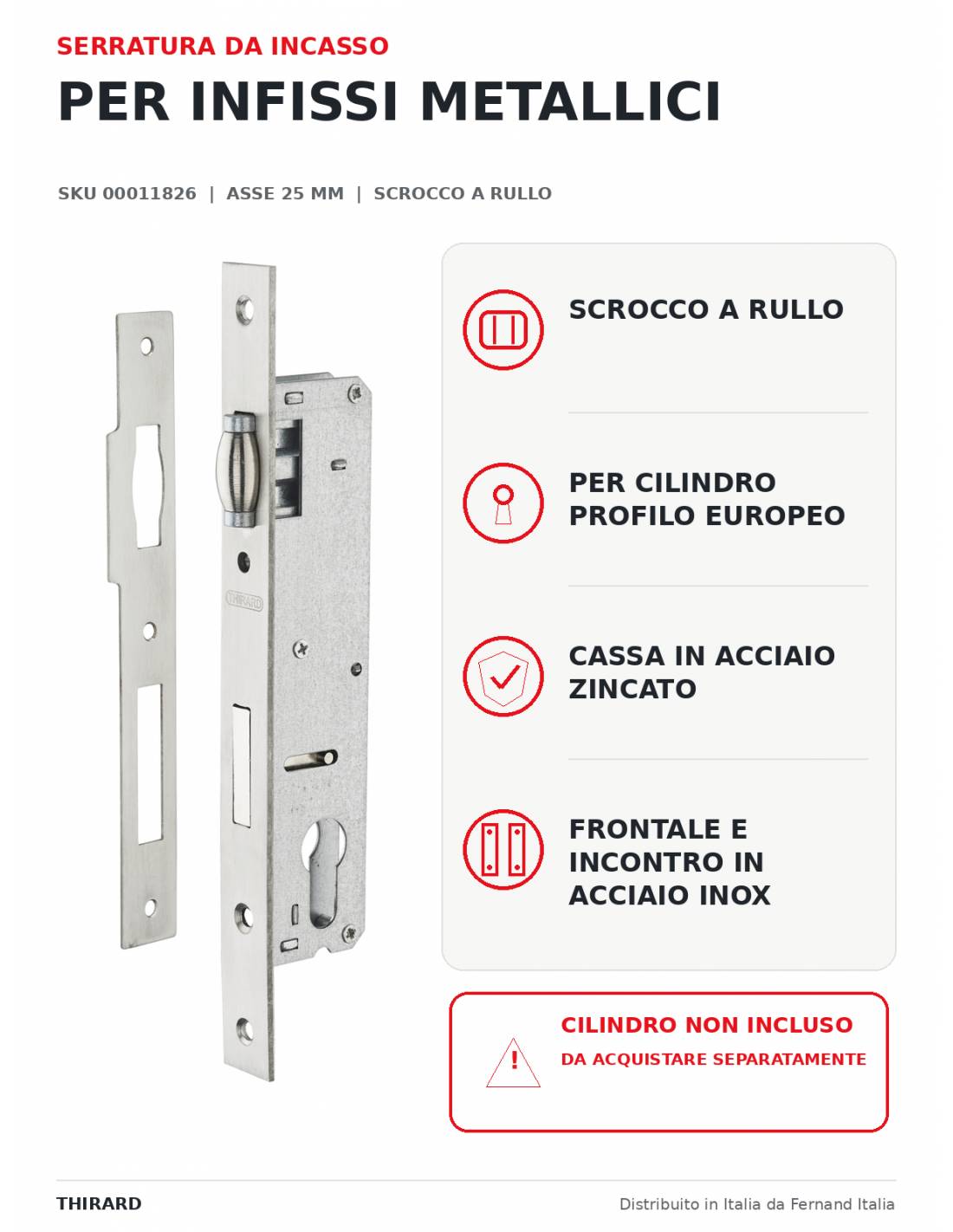 Cassa serratura con asse 25 mm, cilindro e rullo, L 41 mm – THIRARD-2