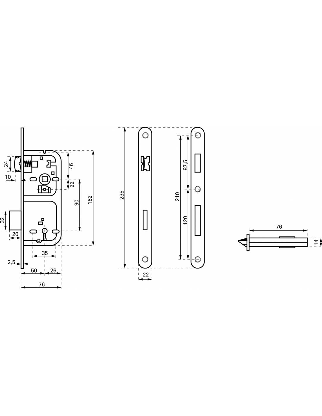 Serratura patent versione BR, asse 50 mm, interasse 90 mm, frontale bronzo, 1 chiave – THIRARD-4