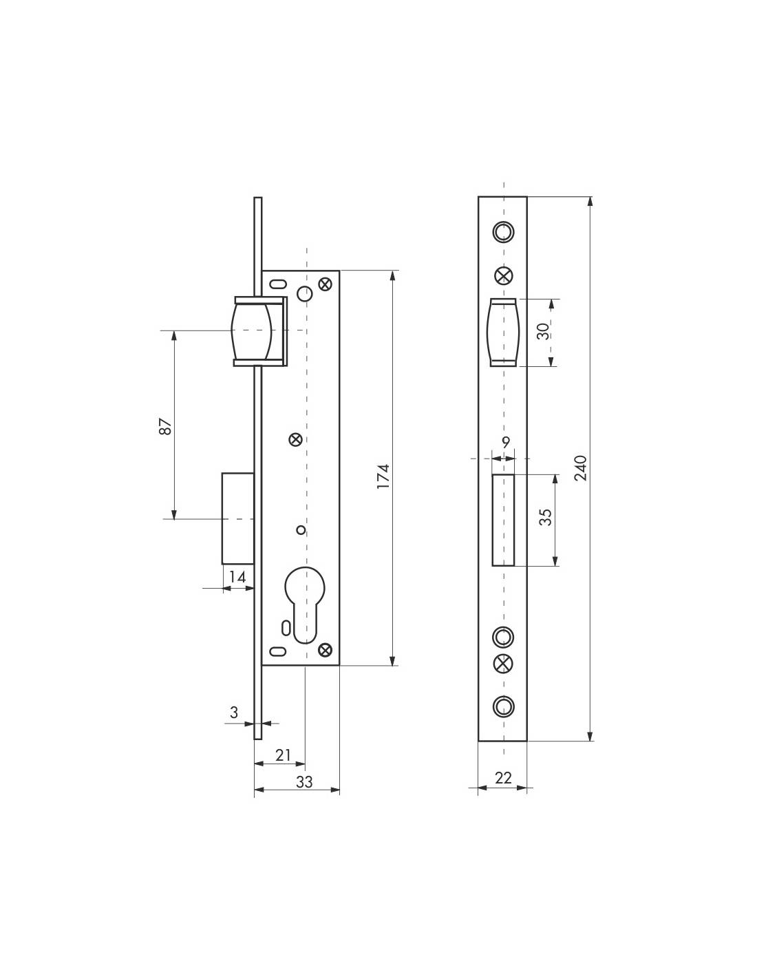 Cassa serratura con asse 20 mm, cilindro e rullo, L 36 mm – THIRARD-3
