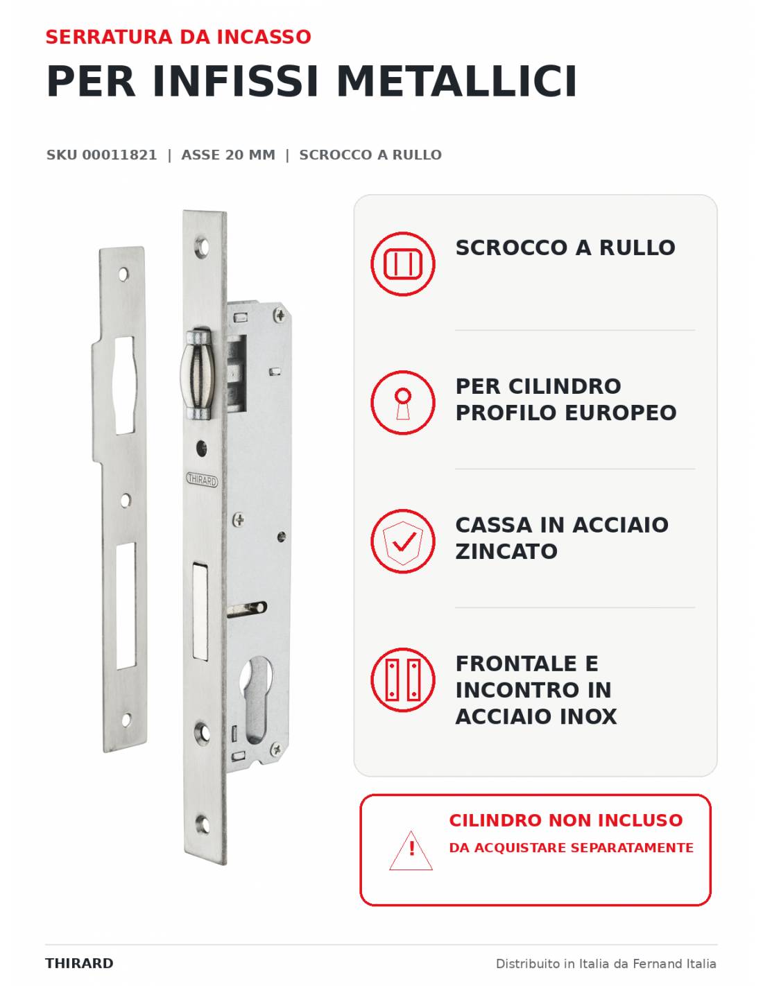 Cassa serratura con asse 20 mm, cilindro e rullo, L 36 mm – THIRARD-4