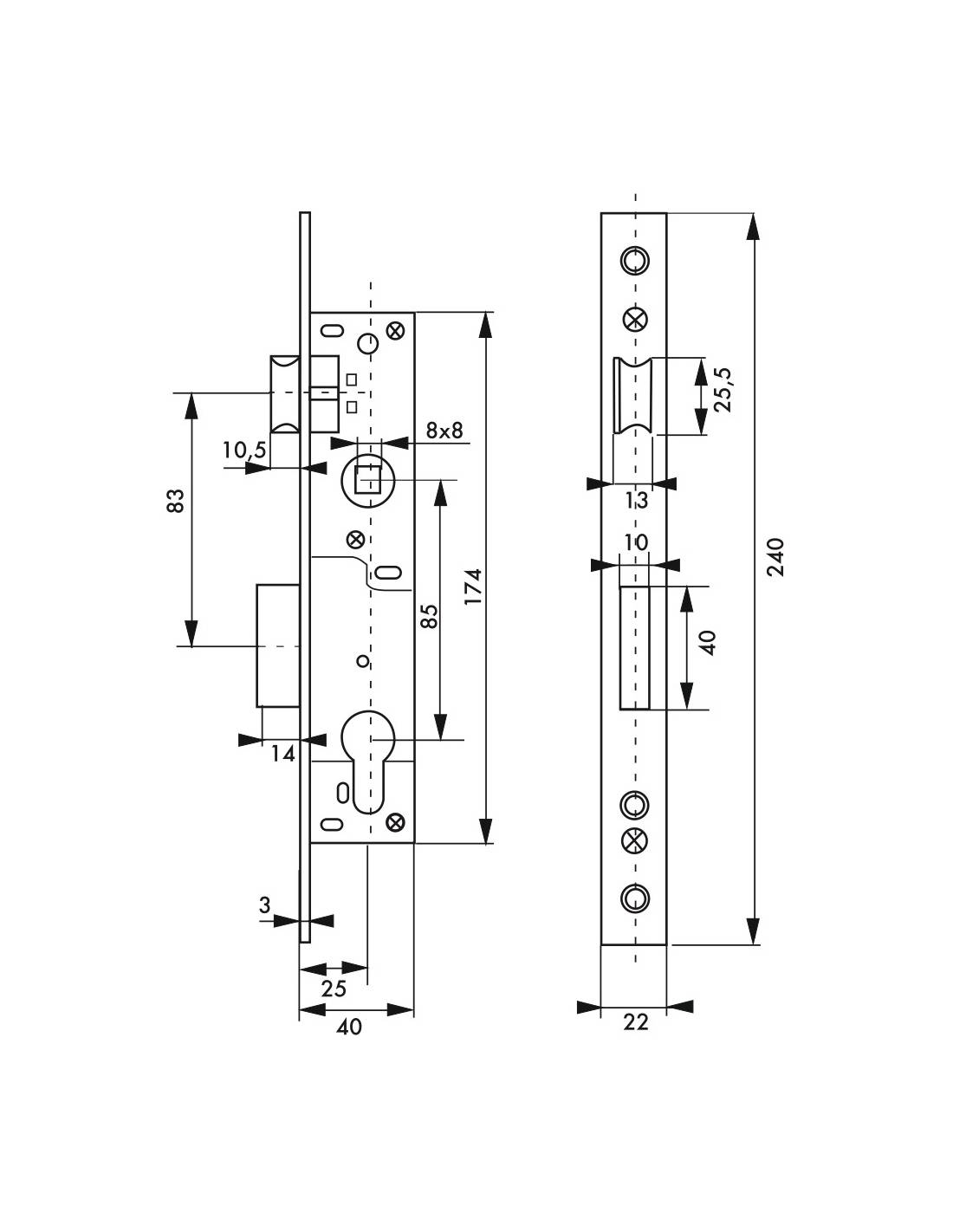 Serratura da incasso per infissi metallici, asse 25 mm, interasse 85 mm – THIRARD-1