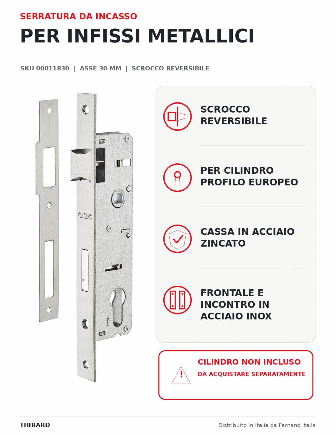 Serratura da incasso per infissi metallici, asse 30 mm, interasse 85 mm – THIRARD-2