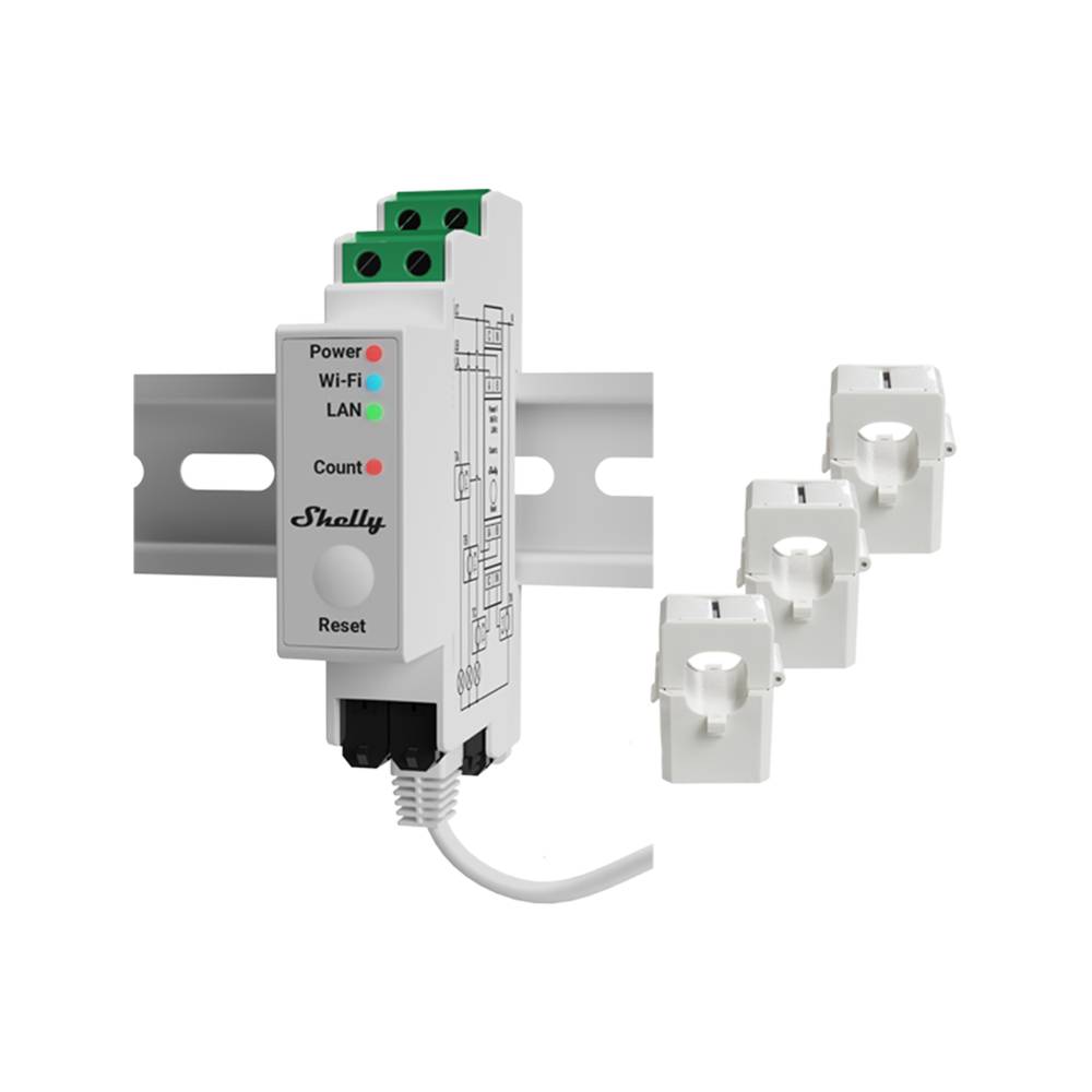 Shelly Pro 3EM 120A V2 Misuratore Energia Trifase Professionale Wi-Fi, LAN e Bluetooth con 3 Pinze-0
