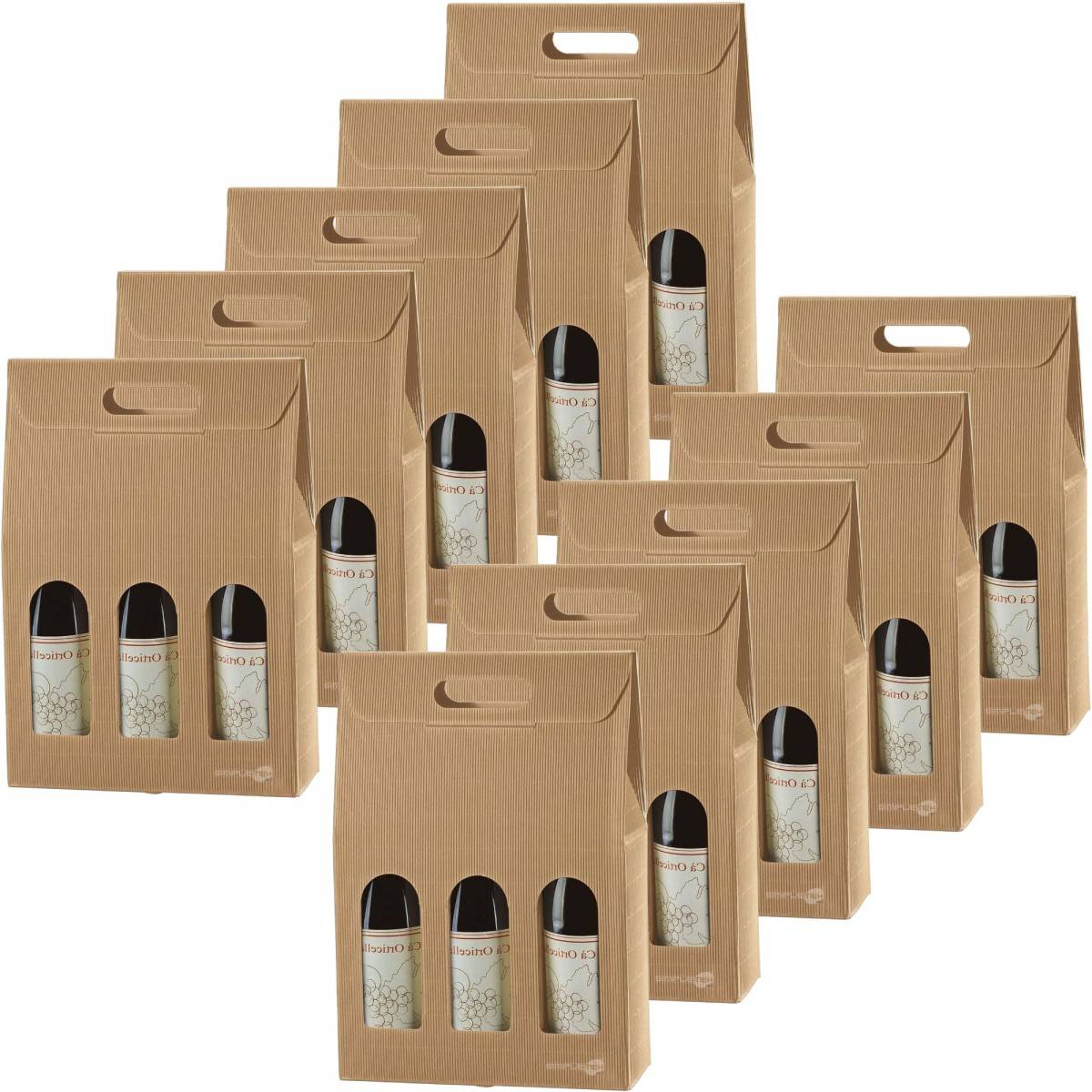 10x Scatola Confezione Regalo Vendita Avana Per 3 Bottiglie Vino Olio Con Finestra-0
