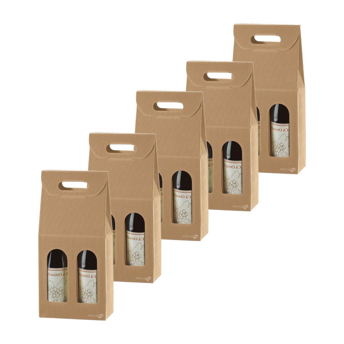 5x Scatola Confezione Regalo Vendita Avana Per 2 Bottiglie Vino Olio Con Finestra-0