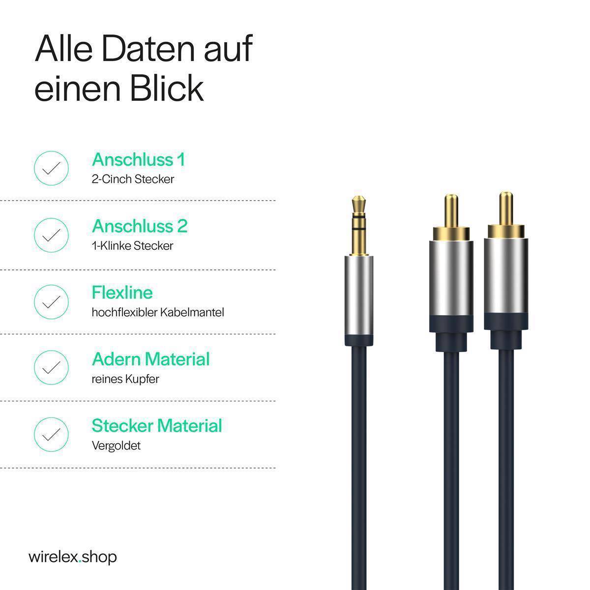 shiverpeaks FLEXLINE Audiokabel, 2 x Cinchstecker - 3,5 mm Klinkenstecker, 0,75 m, hochflexibel, vergoldete - 1 Stück (F-2