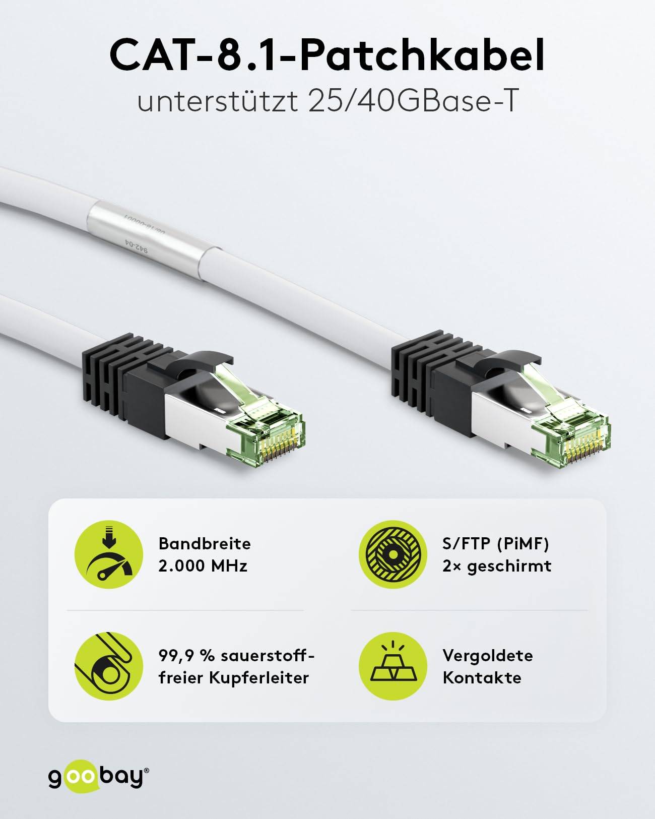 Goobay CAT 8.1 Cavo patch, S/FTP (PiMF), bianco 2 m 99,9 % conduttore in rame privo di ossigeno (OFC), AWG 24, guaina de-1