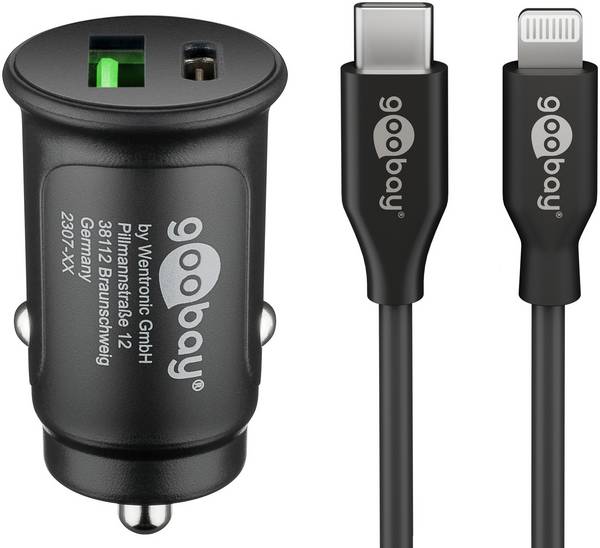 Goobay Dual USB set di ricarica rapida per auto Lightning (27 W)  adattatore di ricarica per auto con 1x cavo USB-C™ e 1