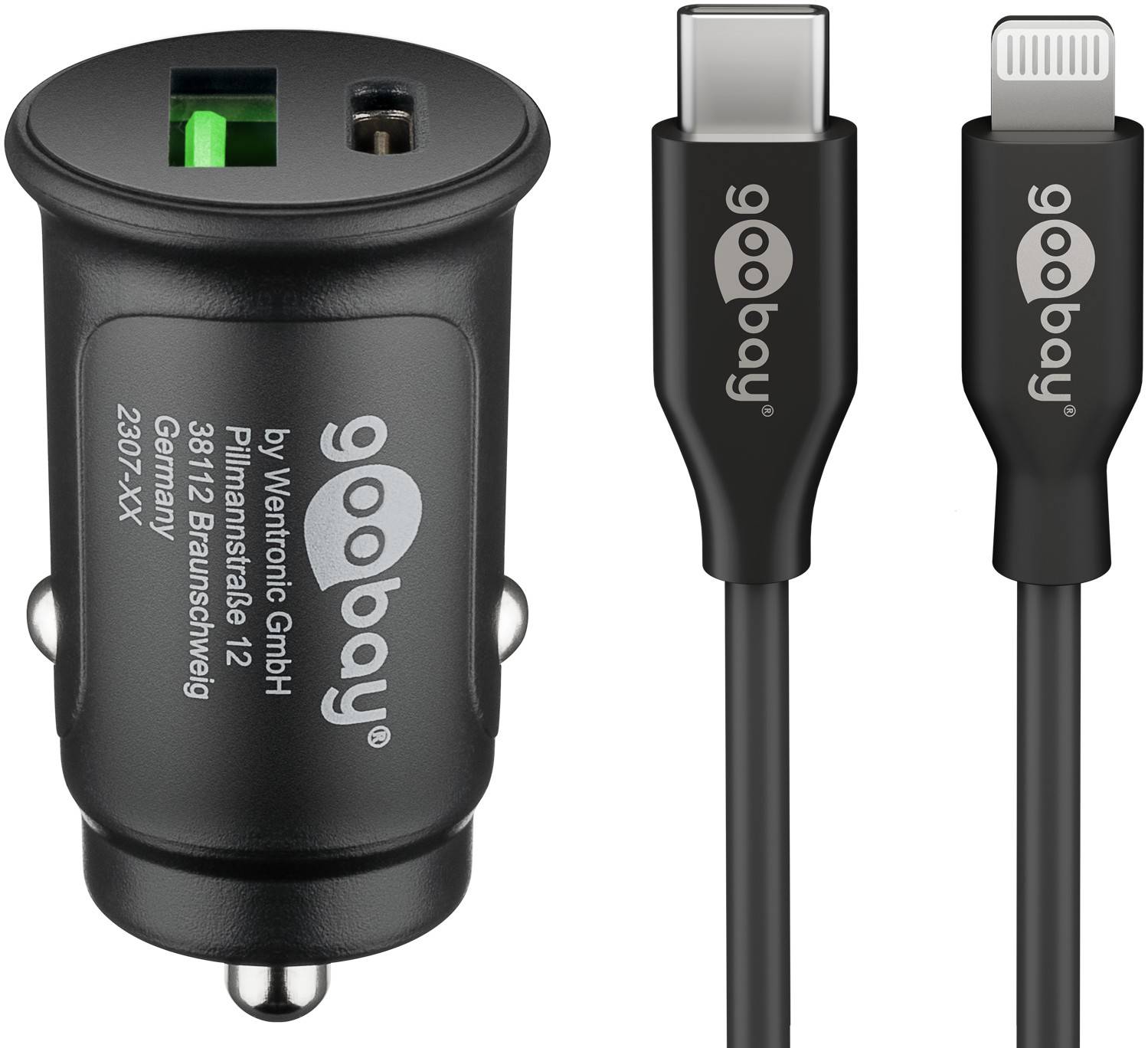 Goobay Dual USB set di ricarica rapida per auto Lightning (27 W) adattatore di ricarica per auto con 1x cavo USB-C™ e 1-0