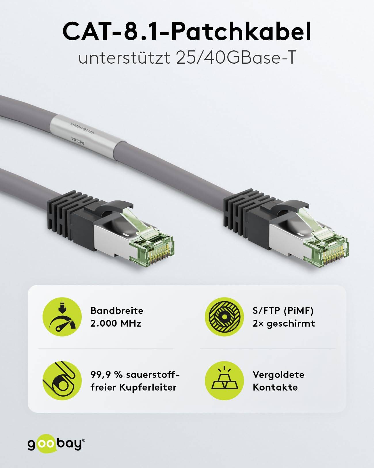 Goobay CAT 8.1 Cavo patch, S/FTP (PiMF), grigio 2 m 99,9 % conduttore in rame privo di ossigeno (OFC), AWG 24, guaina de-2