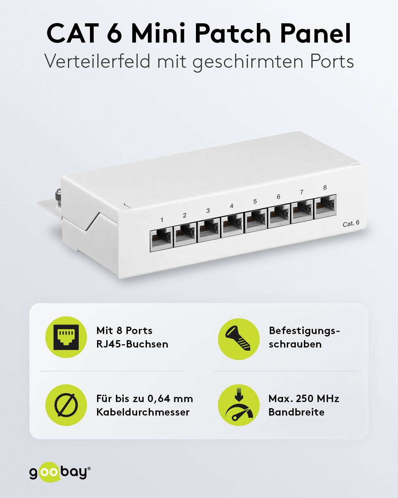 Goobay CAT 6 pannello patch mini/desktop, 8 porte (1 U) bianco STP schermato, bianco-1