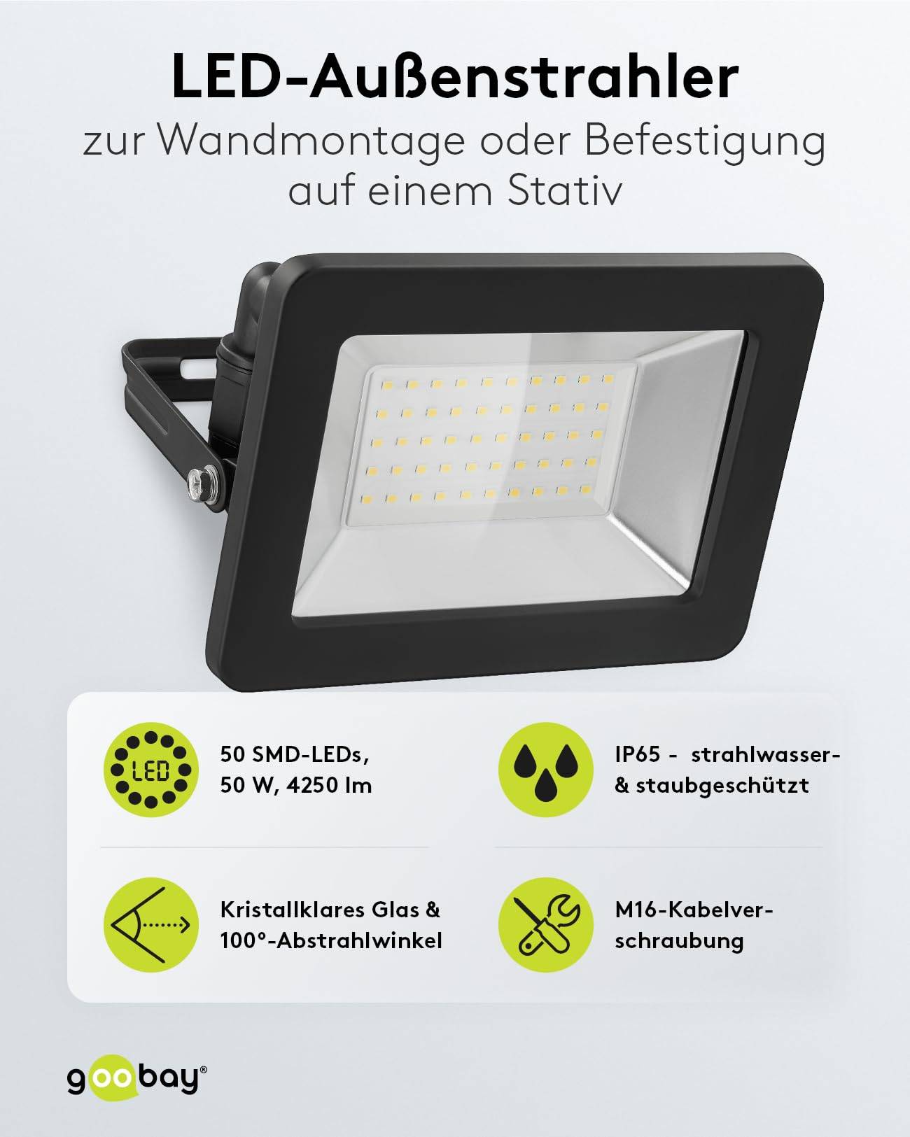 Faretto LED da esterno Goobay, 50 W - con 4250 lm, luce bianca neutra (4000 K) e pressacavo M16, adatto per uso...-1