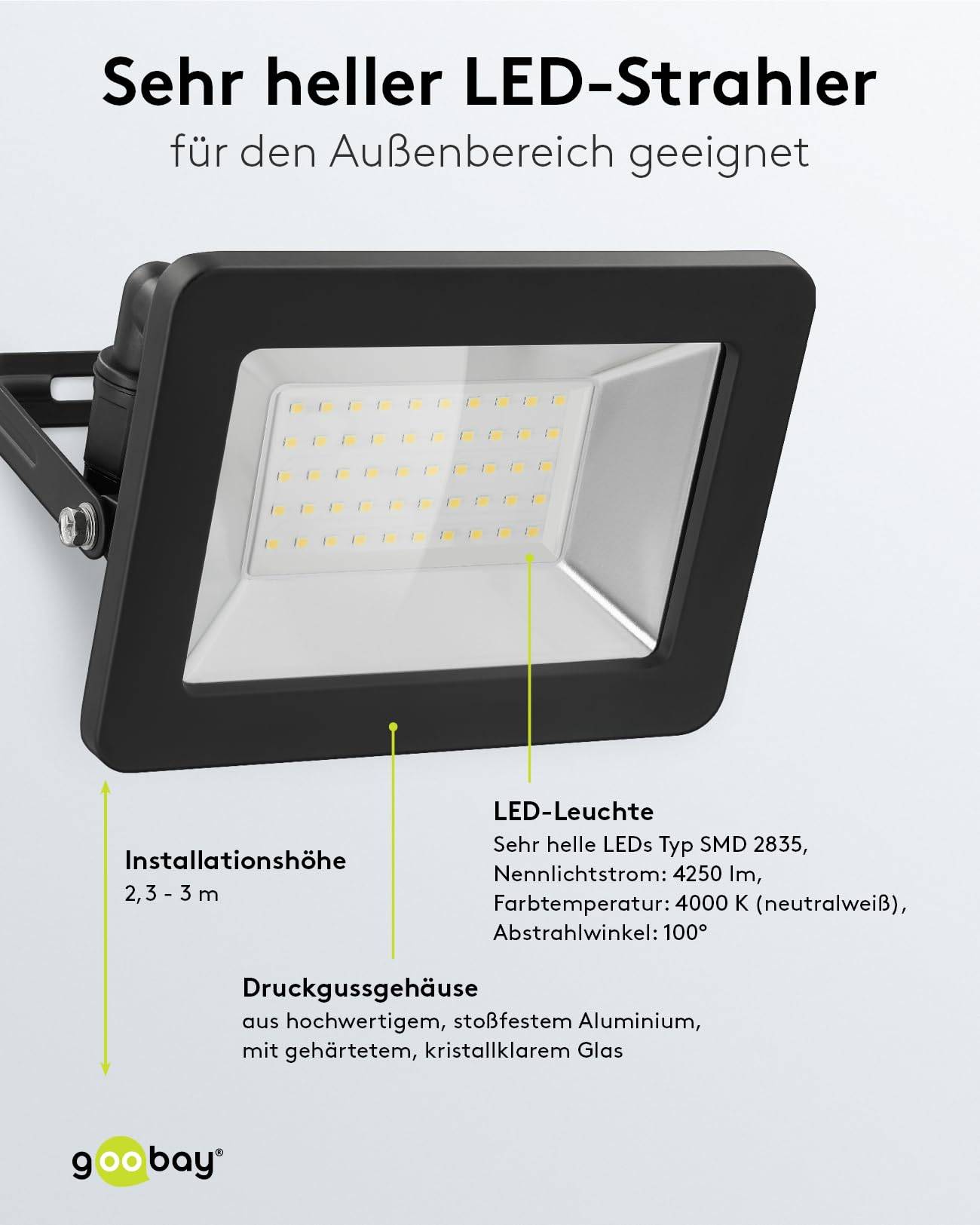 Faretto LED da esterno Goobay, 50 W - con 4250 lm, luce bianca neutra (4000 K) e pressacavo M16, adatto per uso...-3