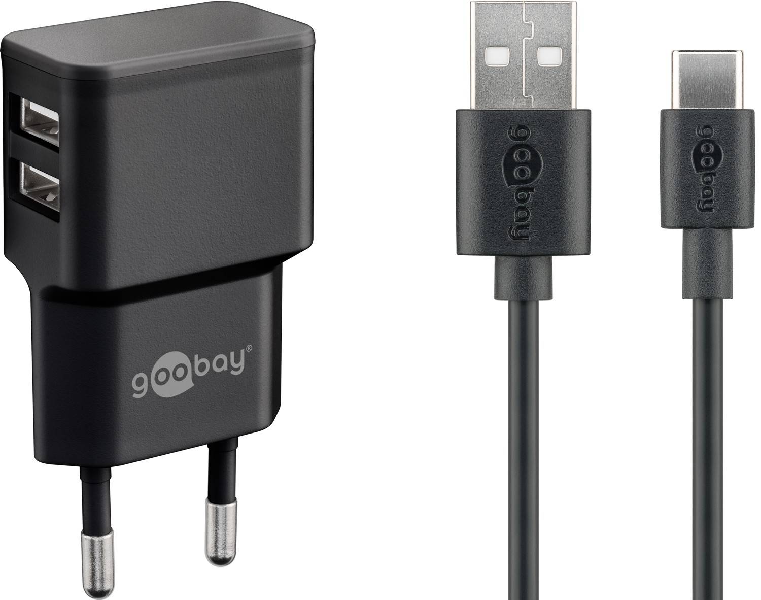 Set di doppia ricarica Goobay USB-C™ 2,4 A - alimentatore con 2 prese USB e cavo USB Type-C™ da 1 m (nero)