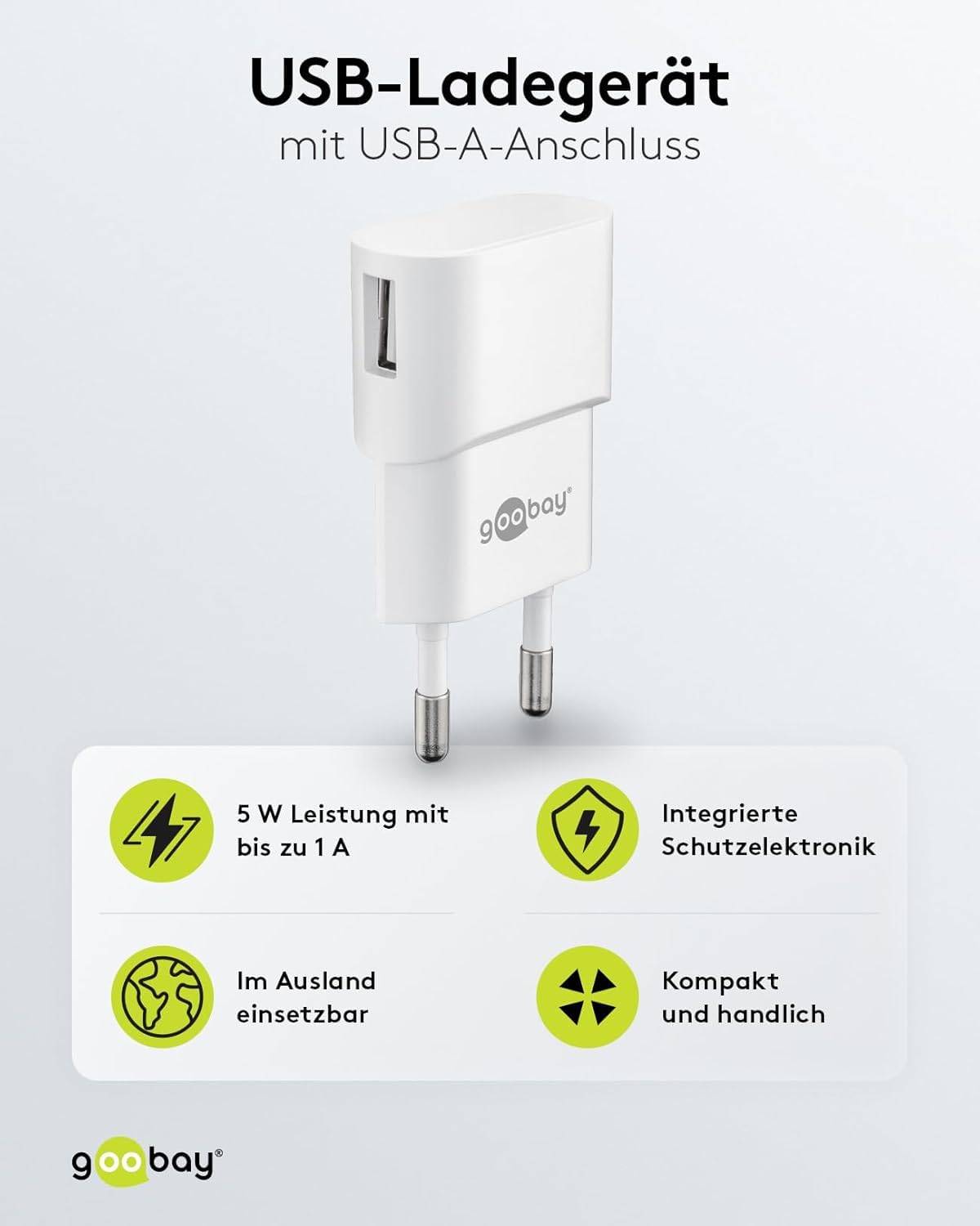 Caricabatterie USB Goobay (5W) bianco - alimentatore USB compatto con connessione 1xUSB-1
