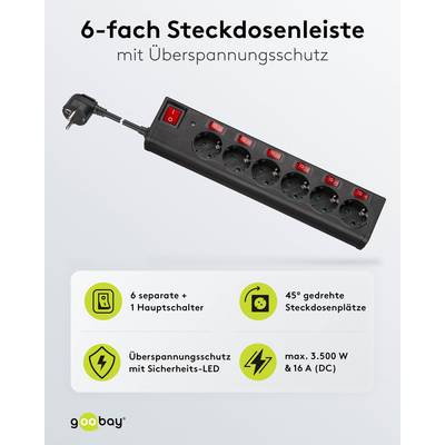 Goobay Presa multipla a 6 prese con protezione da sovratensione e interruttore 1,5 m nero 6x prese “Standard Tedesco” (t-1