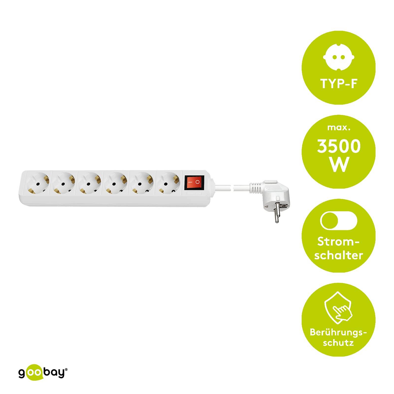 Goobay 38845 5 m Interno CEE Ad angolo IP20 Resistente agli spruzzi 6-Way Power Strip with Switch 5 m White 38845-1