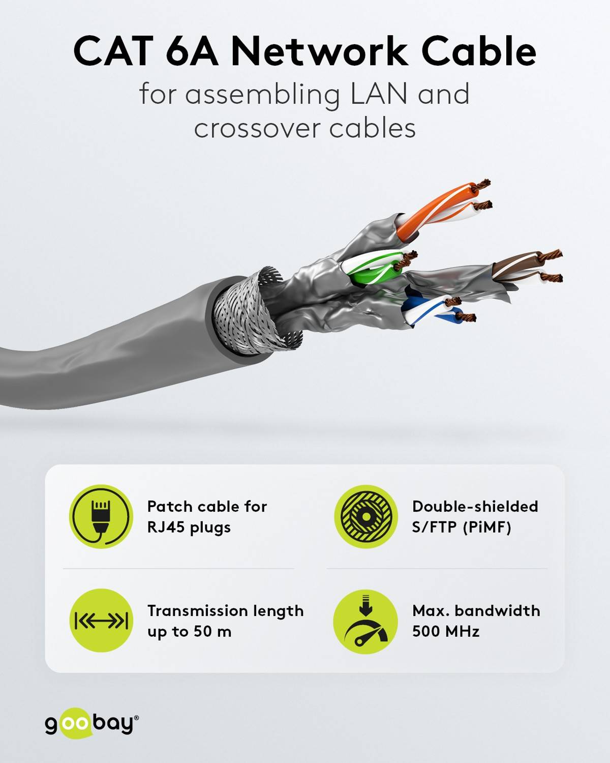 Goobay CAT 6A cavo di rete matassa, S/FTP (PiMF), grigio 50 m Conduttore di rame (CU), AWG 26/7 (stranded), guaina di ca-1