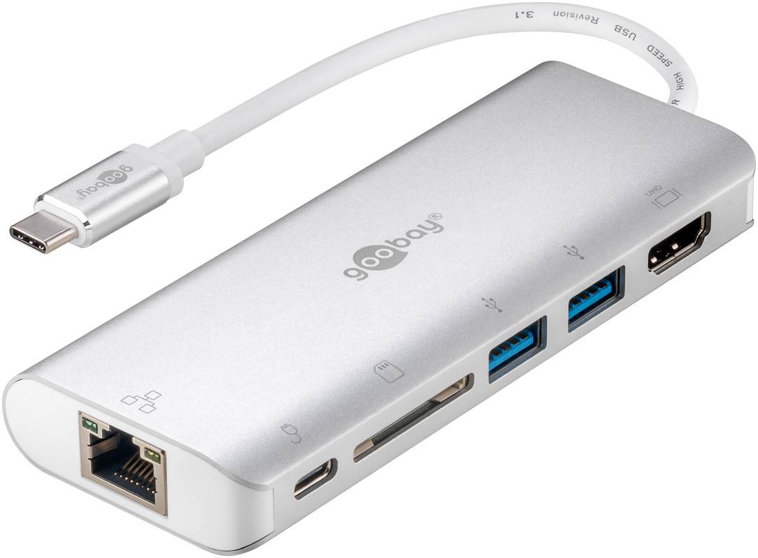Goobay Goobay 76788 USB-C Verteiler 4K Hub USB C Mehrfachstecker USB-A RJ45 SD Reader 6 Porte Hub USB Con porta di ricarica rapida, Contenitore in alluminio, Con lettore di schede SD incorporato, Predisposto Ultra HD, con spina USB-C, con connessione di rete integrata, con ingresso USB-C® aggiuntivo Argento
