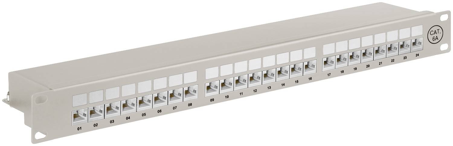 Goobay CAT 6A pannello patch da 19 pollici (48,3 cm), 24 porte (1 U) grigio STP schermato, grigio
