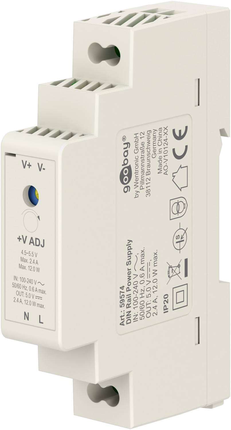 Goobay Alimentatore per guida DIN 5 V (DC), 2,4 A, 12 W adatto al montaggio DIN, TH 35/7,5 o TH 35/15