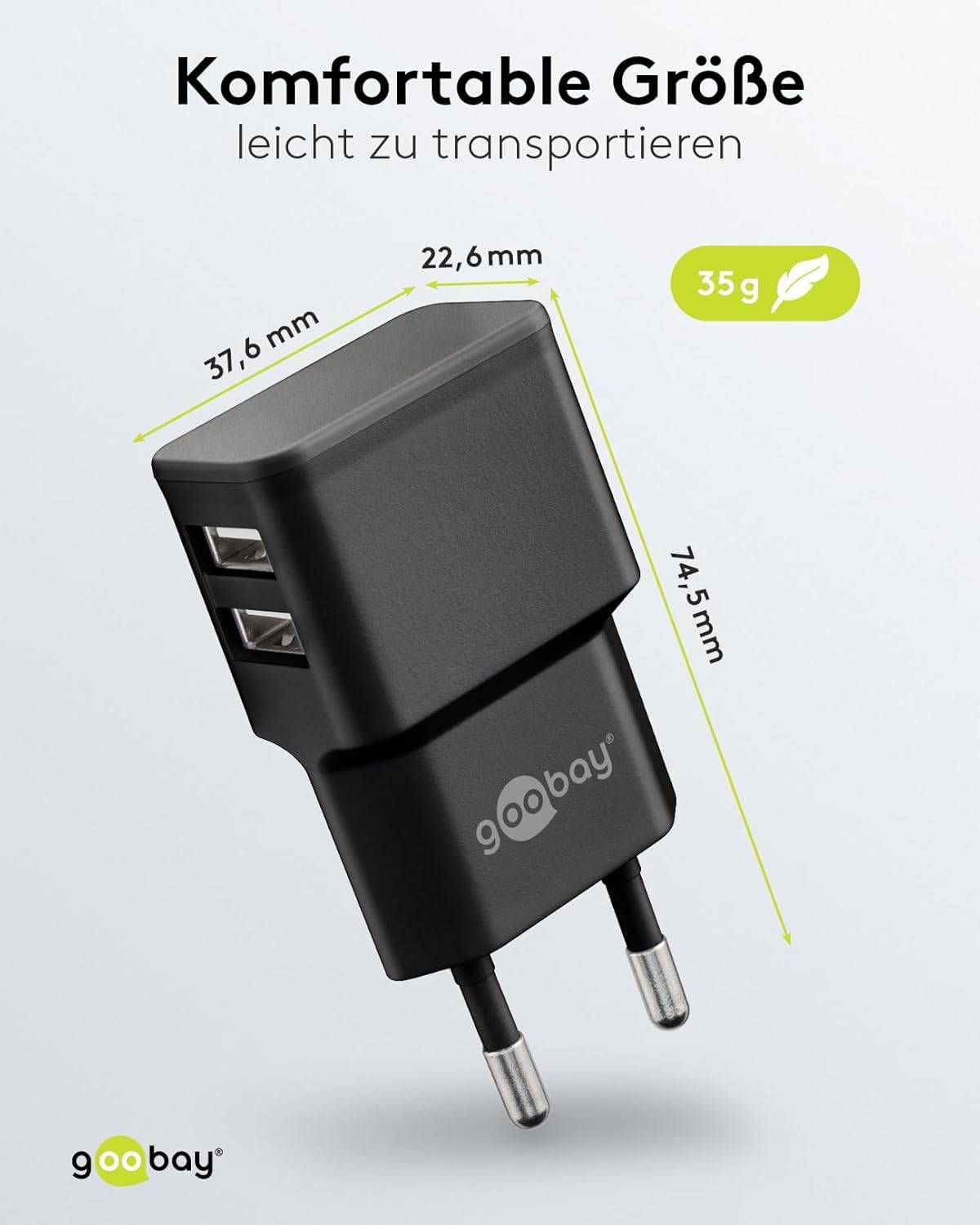 Caricatore USB doppio Alimentatore USB compatto da 2,4 A (12 W) nero con 2 porte USB-2