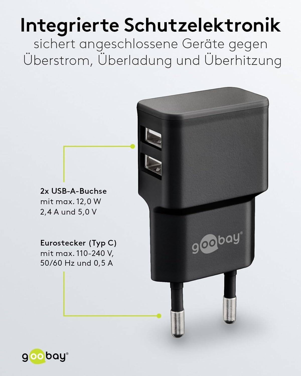 Caricatore USB doppio Alimentatore USB compatto da 2,4 A (12 W) nero con 2 porte USB-3
