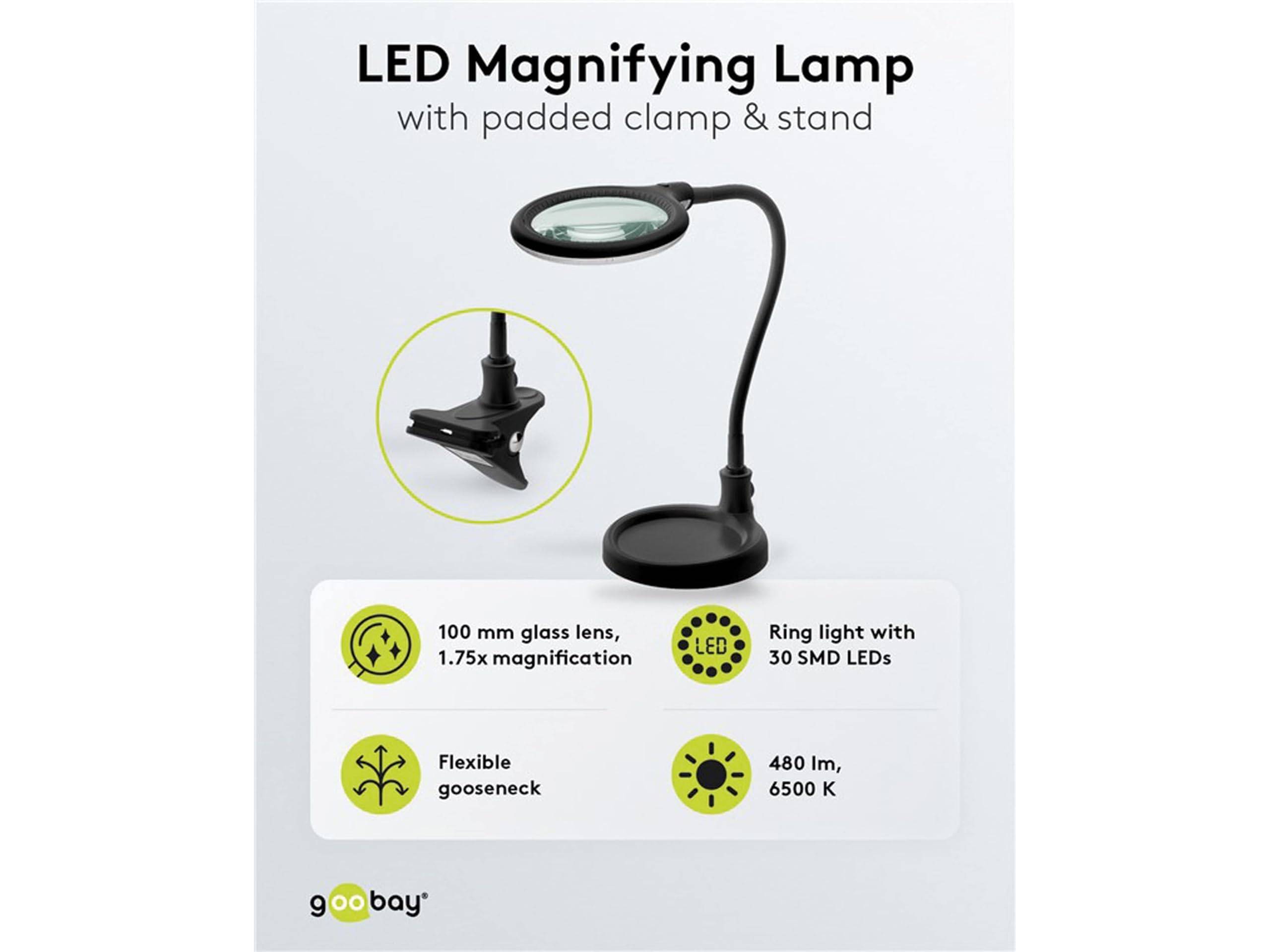 Lampada d'ingrandimento con stativo/clip Goobay LED 6 W, nero - 480 lm, lente in vetro da 100 mm, ingrandimento...-1
