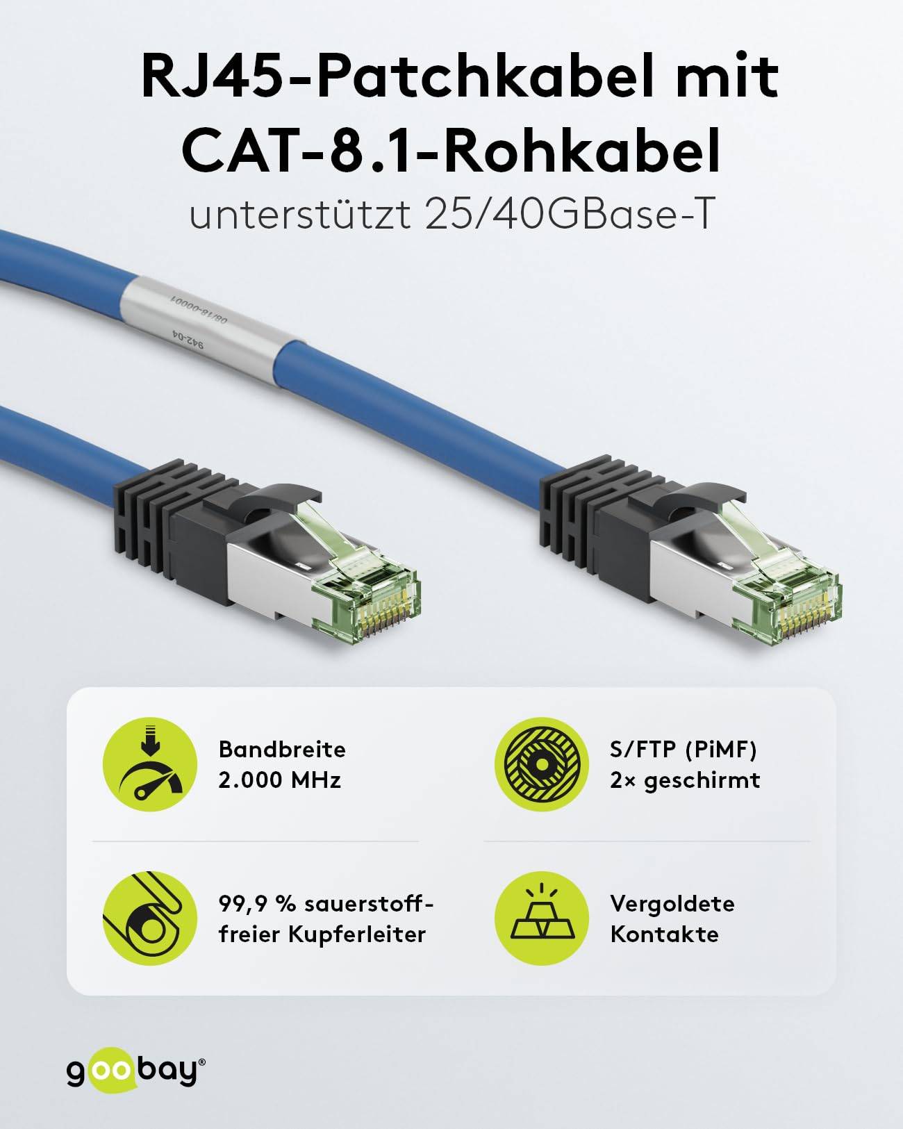 Goobay Cavo patch RJ45 (CAT 6A, 500 MHz) con CAT 8.1 cavo grezzo S/FTP, blu 7.5 m 99,9 % conduttore in rame privo di oss-4