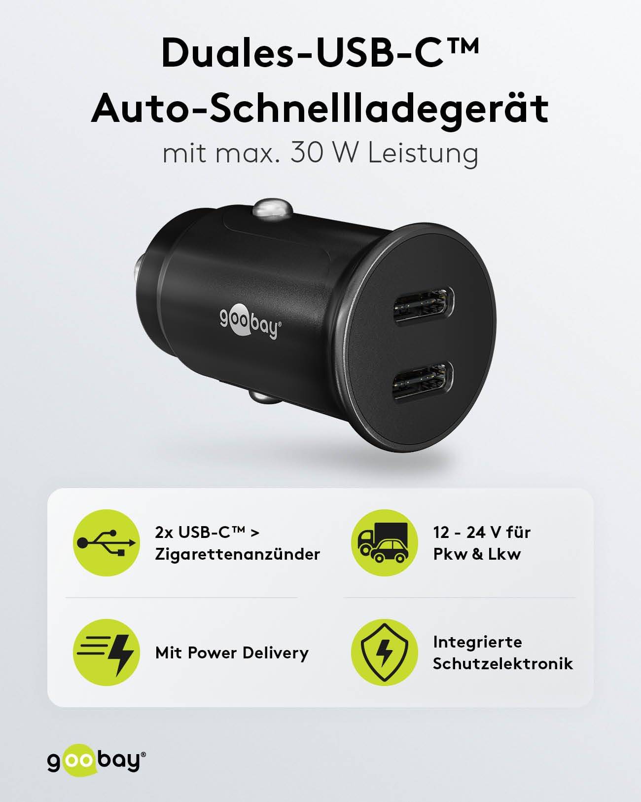 Goobay Dual-USB-C™ PD (Power Delivery) caricatore rapido per auto (30 W) - 30 W (12/24 V) adatto per dispositivi con...-1