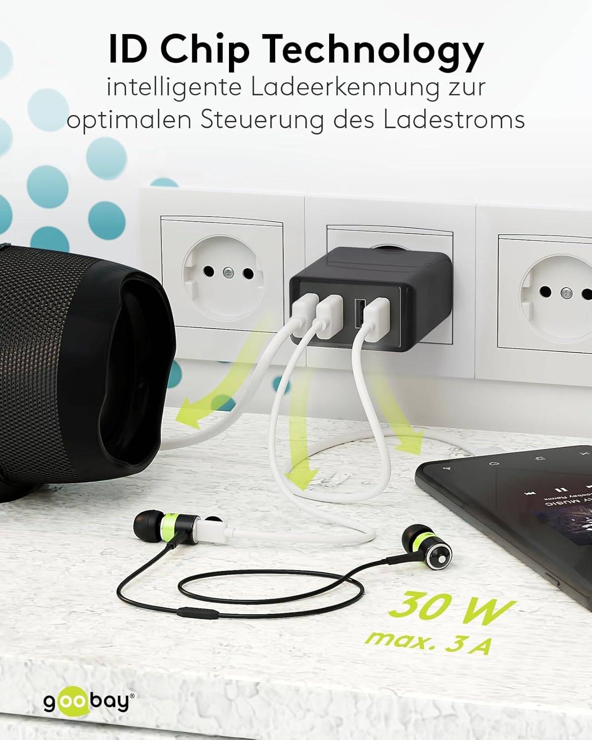 GOOBAY Caricatore da Muro USB a 4 vie 30W Nero Nero-5