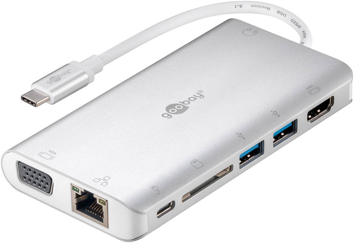 Adattatore multiporta Goobay USB-C™ Premium - USB-C™ HDMI™+ 2x USB 3.0 + CR + C + RJ45 + VGA