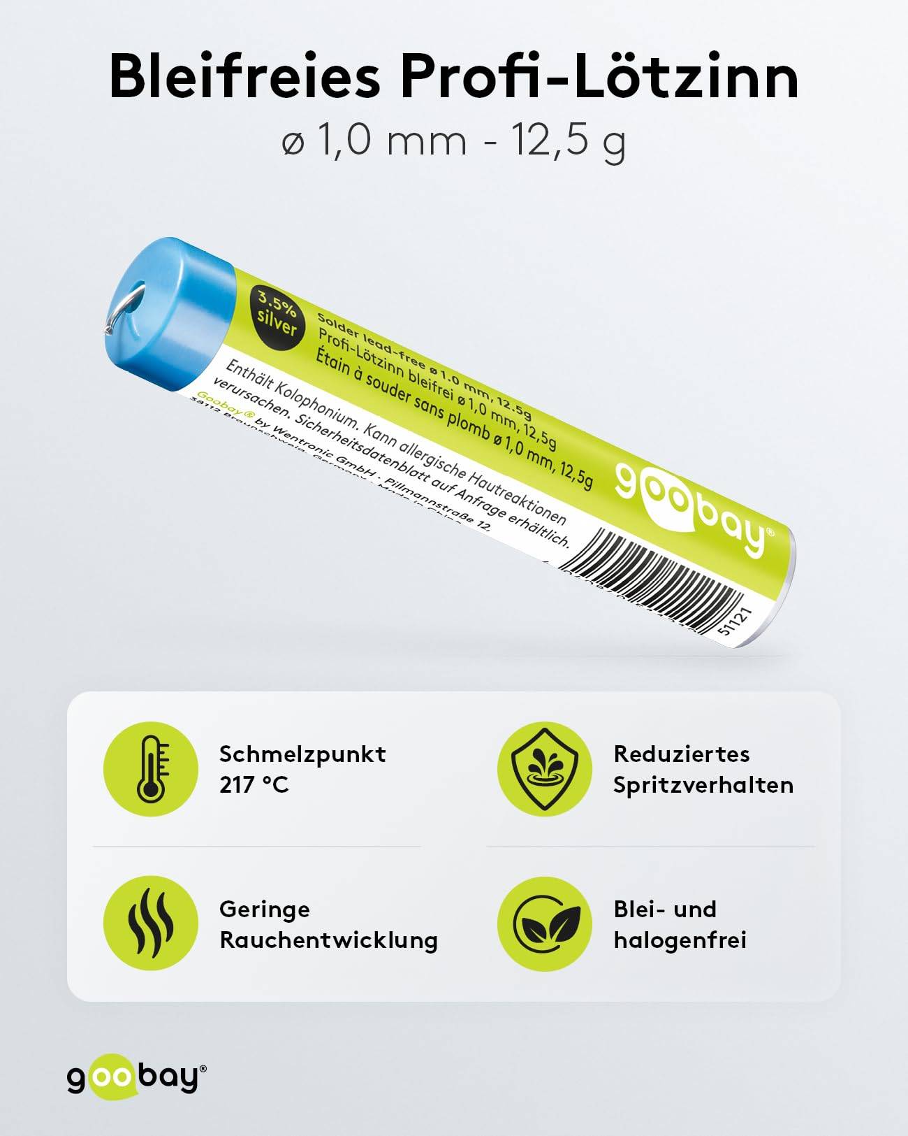 Goobay Stagno per saldatura professionale senza piombo, ø 1,0 mm, 12,5 g composizione: 3,5 % argento, 0,7 % rame, 95,8-1