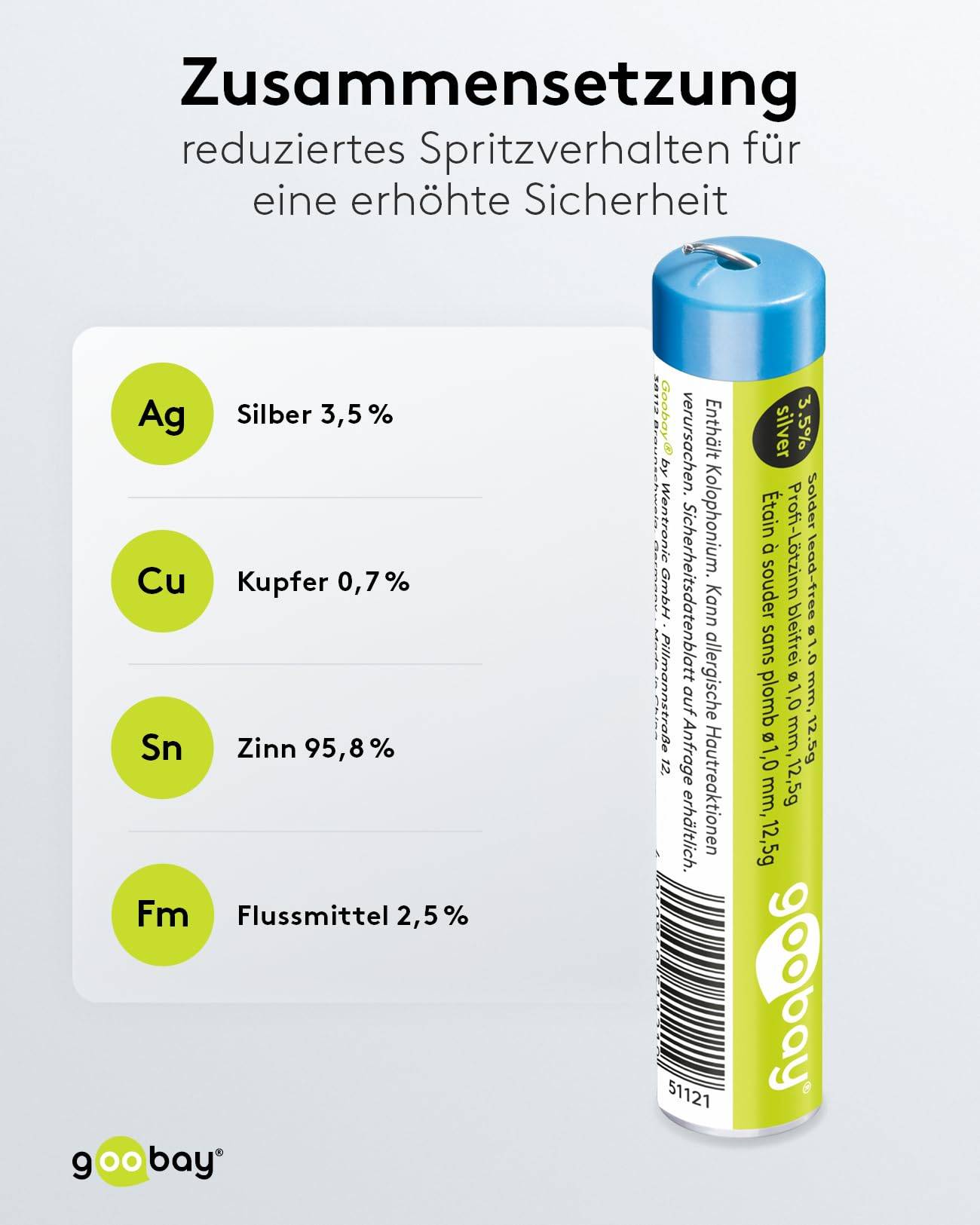 Goobay Stagno per saldatura professionale senza piombo, ø 1,0 mm, 12,5 g composizione: 3,5 % argento, 0,7 % rame, 95,8-2