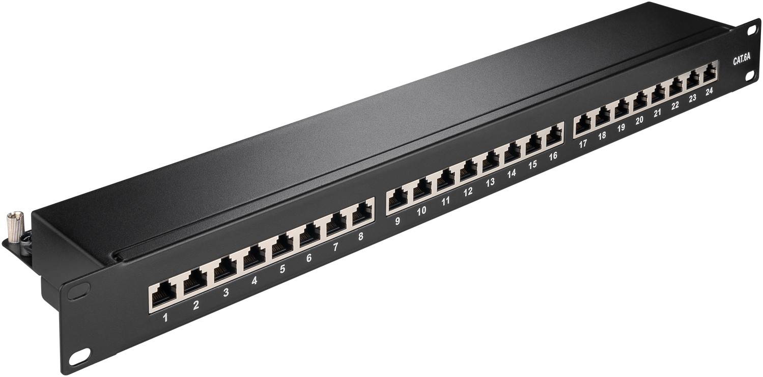 Goobay CAT 6A pannello patch da 19 pollici (48,3 cm), 24 porte (1 U) nero STP schermato, nero-0