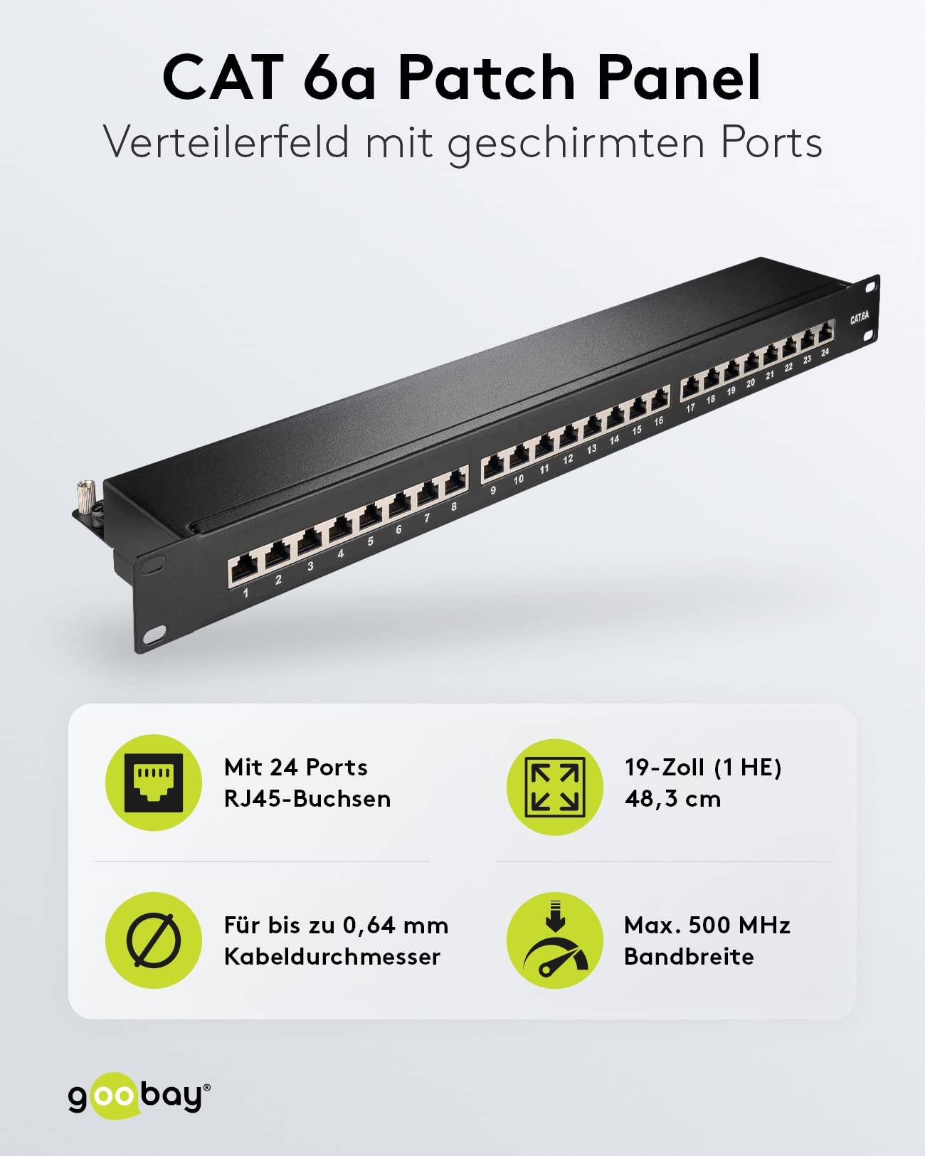 Goobay CAT 6A pannello patch da 19 pollici (48,3 cm), 24 porte (1 U) nero STP schermato, nero-1