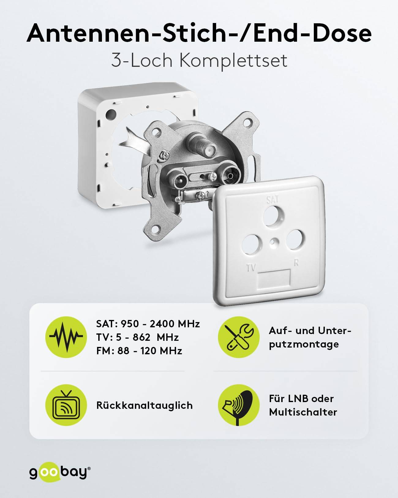 Goobay Set completo: presa terminale/stub a 3 fori per antenna incl. coperchio e telaio, con passaggio di tensione cont-1