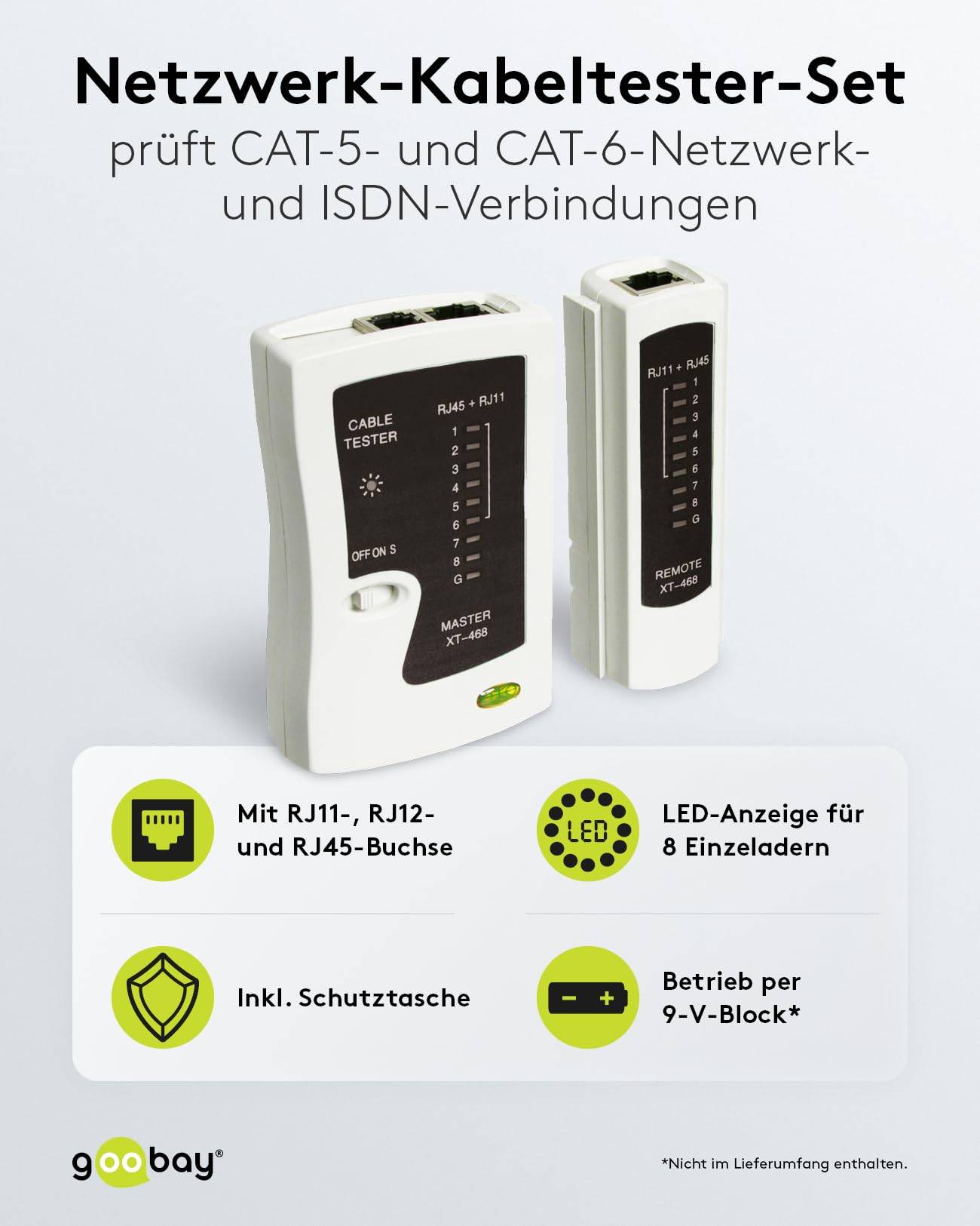 Goobay Tester cavi di rete per testare le connessioni di rete con CAT 5, CAT 6 o CAT 7 e ISDN-1