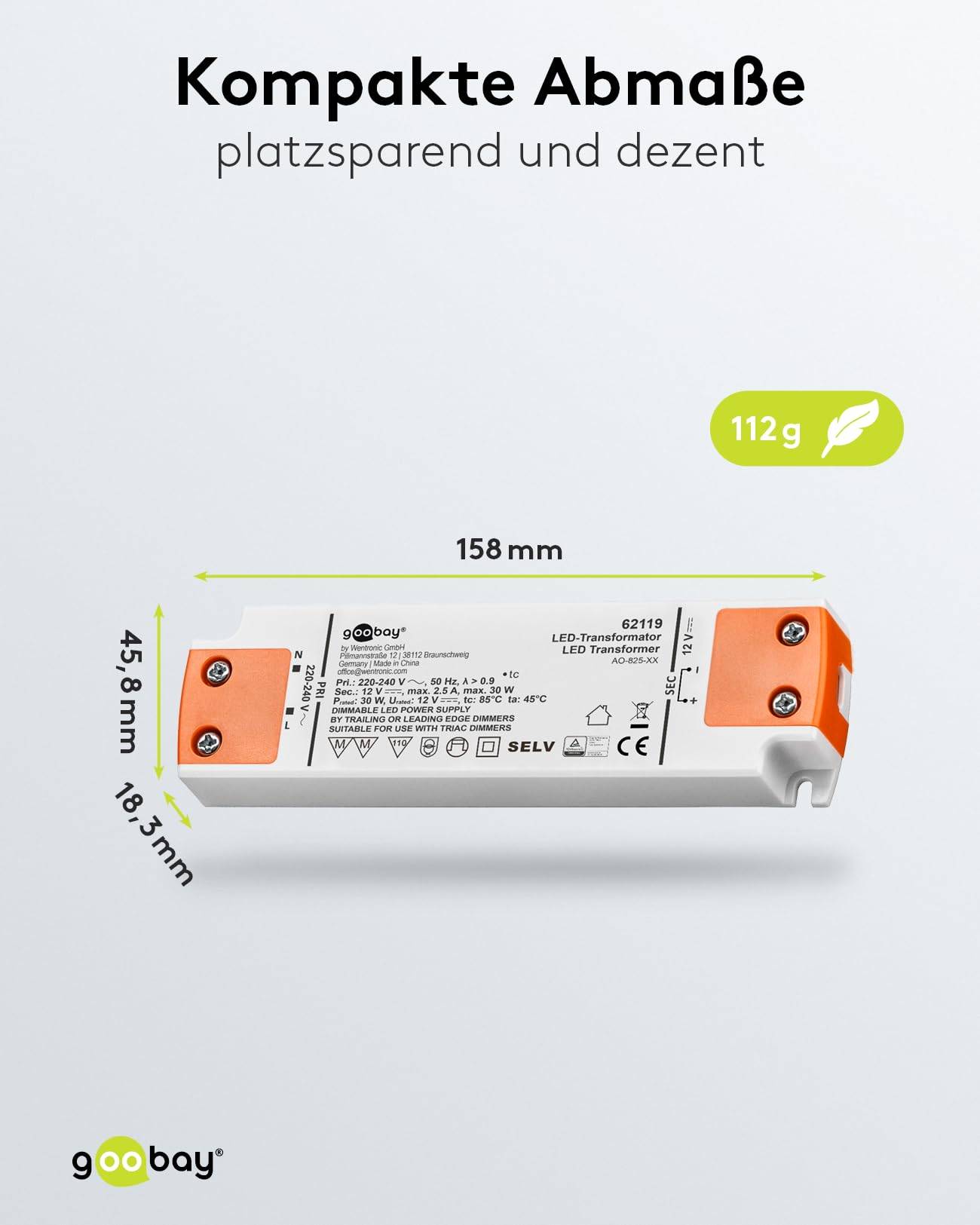 Goobay Trasformatore LED 12 V (DC) (DC), 30 W dimmerabile, per LED fino a 30 W di carico totale e tensione diretta di 1-2