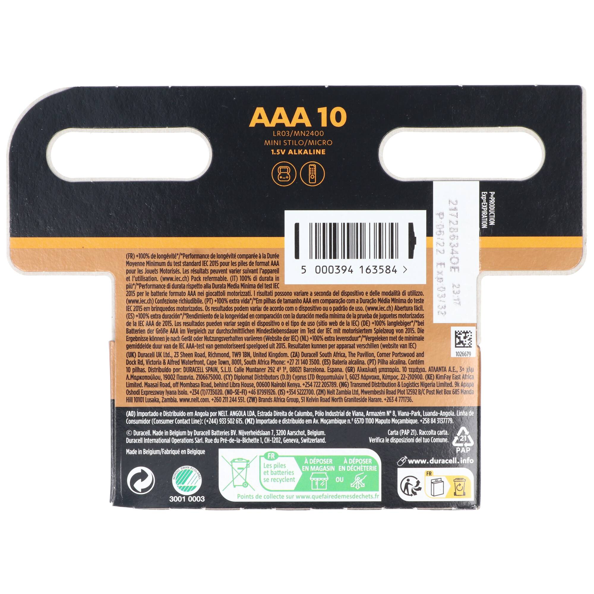 Batteria Duracell alcalina, micro, AAA, LR03, 1,5 V Plus, durata extra, blister (confezione da 10)-1