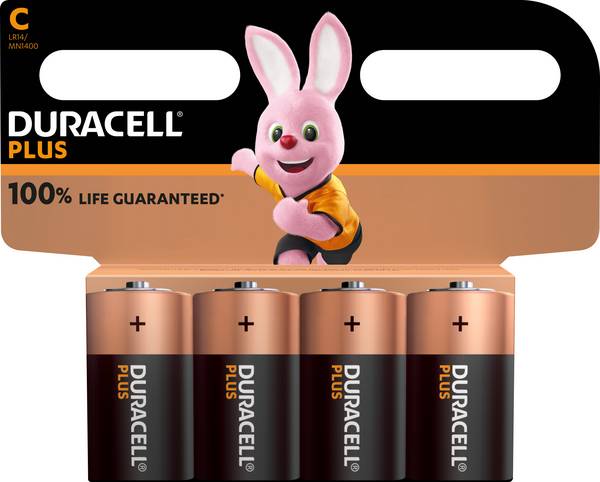 Batteria Duracell alcalina, Baby, C, LR14, 1,5 V Plus, Extra Life, blister (confezione da 4)