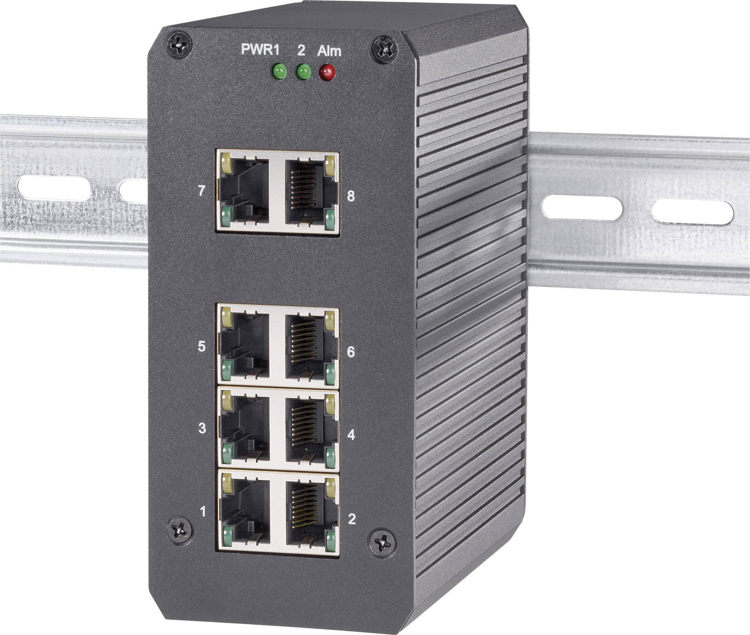 Switch Ethernet industriale in involucro metallico con otto porte RJ45 e indicatori LED, montato su guida DIN.