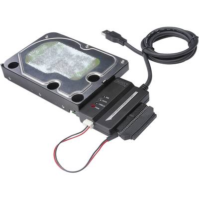 Un hard disk con connessione USB e alimentazione tramite un cavo adattatore che consente la conversione da IDE a USB.