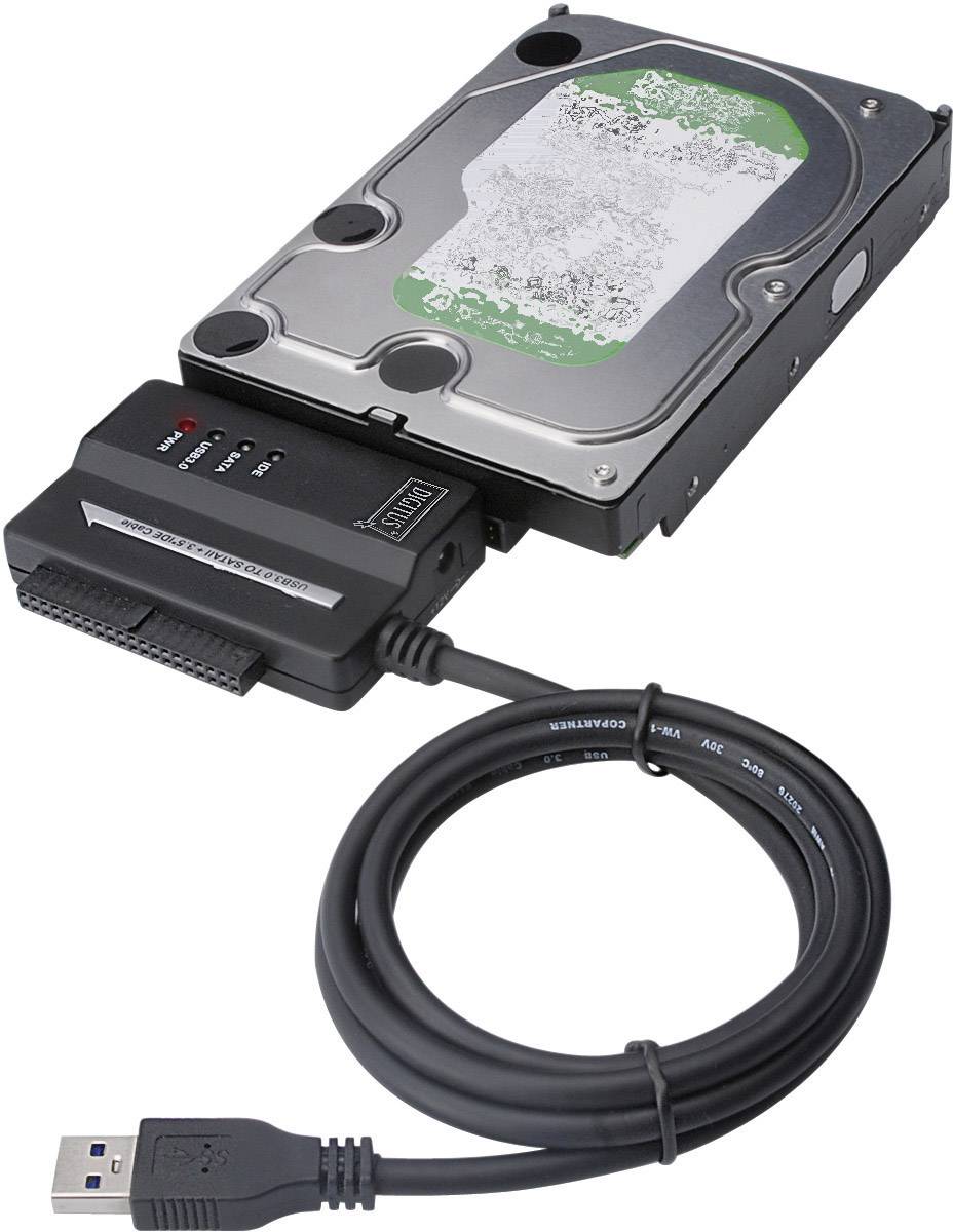 Hard disk esterno con convertitore SATA/IDE integrato e cavo USB, pronto per essere collegato a un computer.