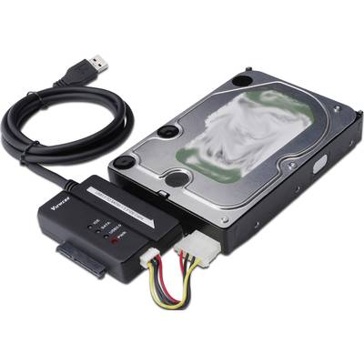 Hard disk esterno con adattatore di cavo USB, collegato a una fonte di alimentazione.