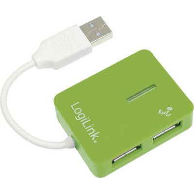 Un hub USB verde con la scritta 'LogiLink', offre due porte USB e un breve cavo di connessione con spina USB.