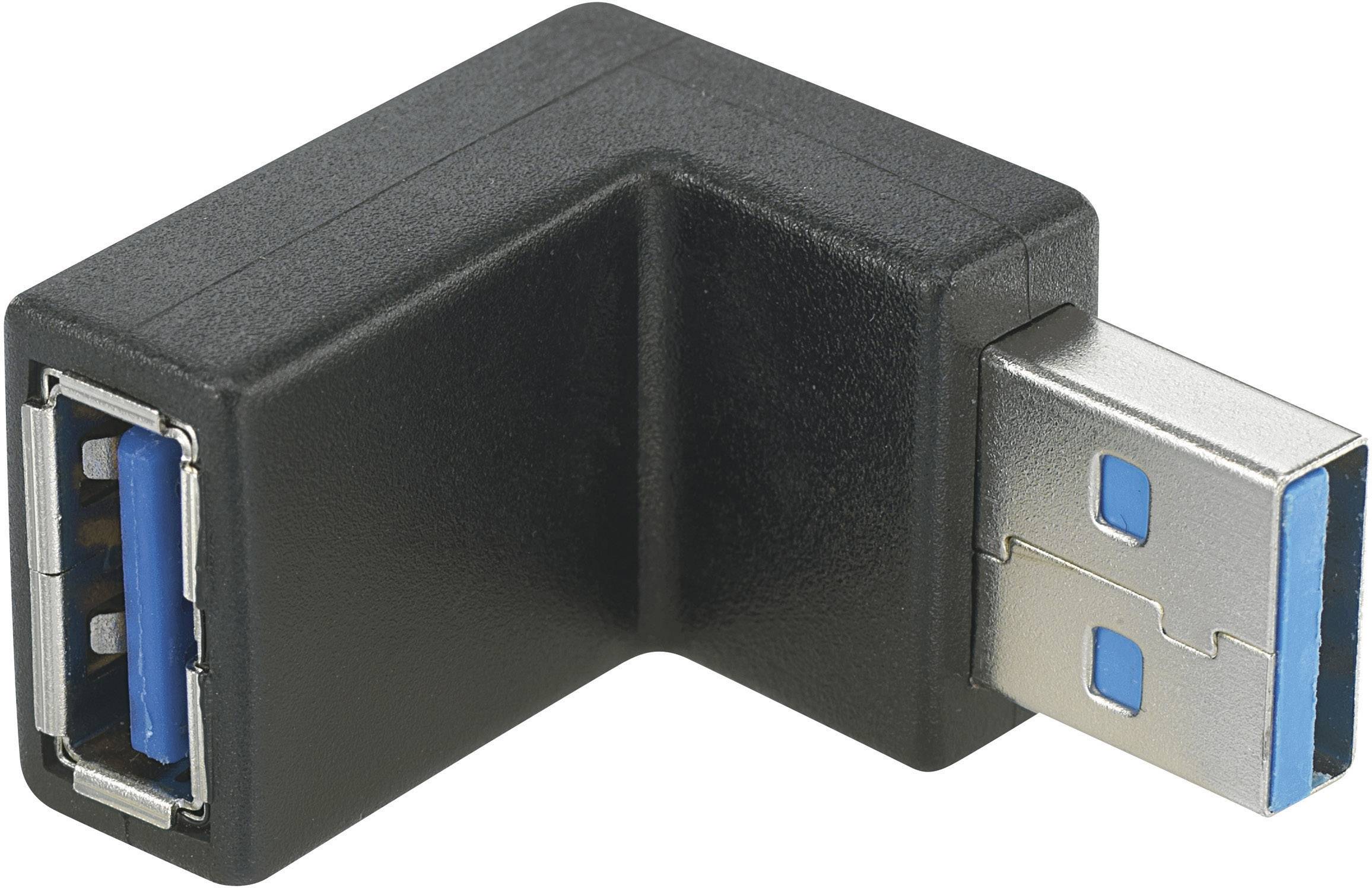 Un adattatore USB 3.0 nero a forma di L con un connettore interno blu. L'adattatore consente connessioni ad angolo per dispositivi USB.